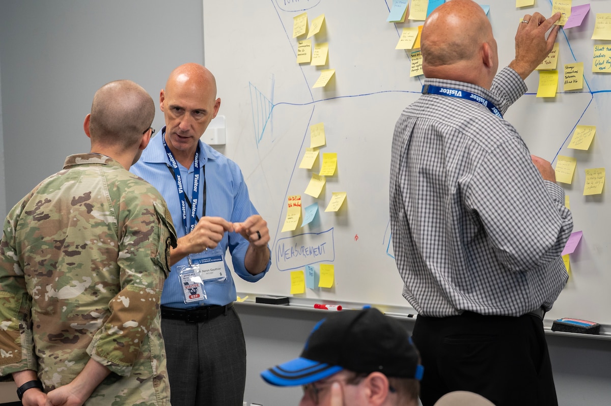 Participants collaborate at the 2025 Department of the Air Force Continuous Process Improvement (CPI) event, hosted by AETC near Wright-Patterson AFB, Ohio, July 15-17. The event focused on mapping and transforming the Enterprise Learning Ecosystem. (U.S. Air Force photo by Jim Varhegyi)