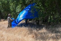 Airmen from the 9th Civil Engineer Squadron erect shelter during an exercise on Beale Air Force Base, California, July 17, 2025.