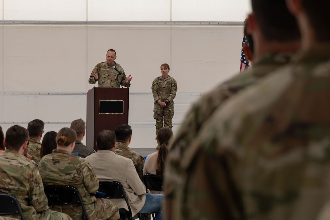 U.S. Air Force Col. Jerry Copeland, 354th Maintenance Group outgoing commander, delivers a speech during a change of command ceremony at Eielson Air Force Base, Alaska, July 24, 2025.