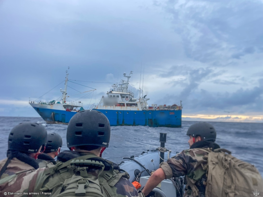 Officers with the French Armed Forces in New Caledonia prepare to board a commercial fishing vessel on the high seas in the Pacific Ocean June 20, 2025. FANC officers conducted fisheries inspections as part of Operation Nasse, a three-month operation conducted by Australia, France, New Zealand, and the U.S. to safeguard the marine resources of Pacific Island nations. (U.S. Coast Guard photo, courtesy French Armed Forces in New Caledonia)