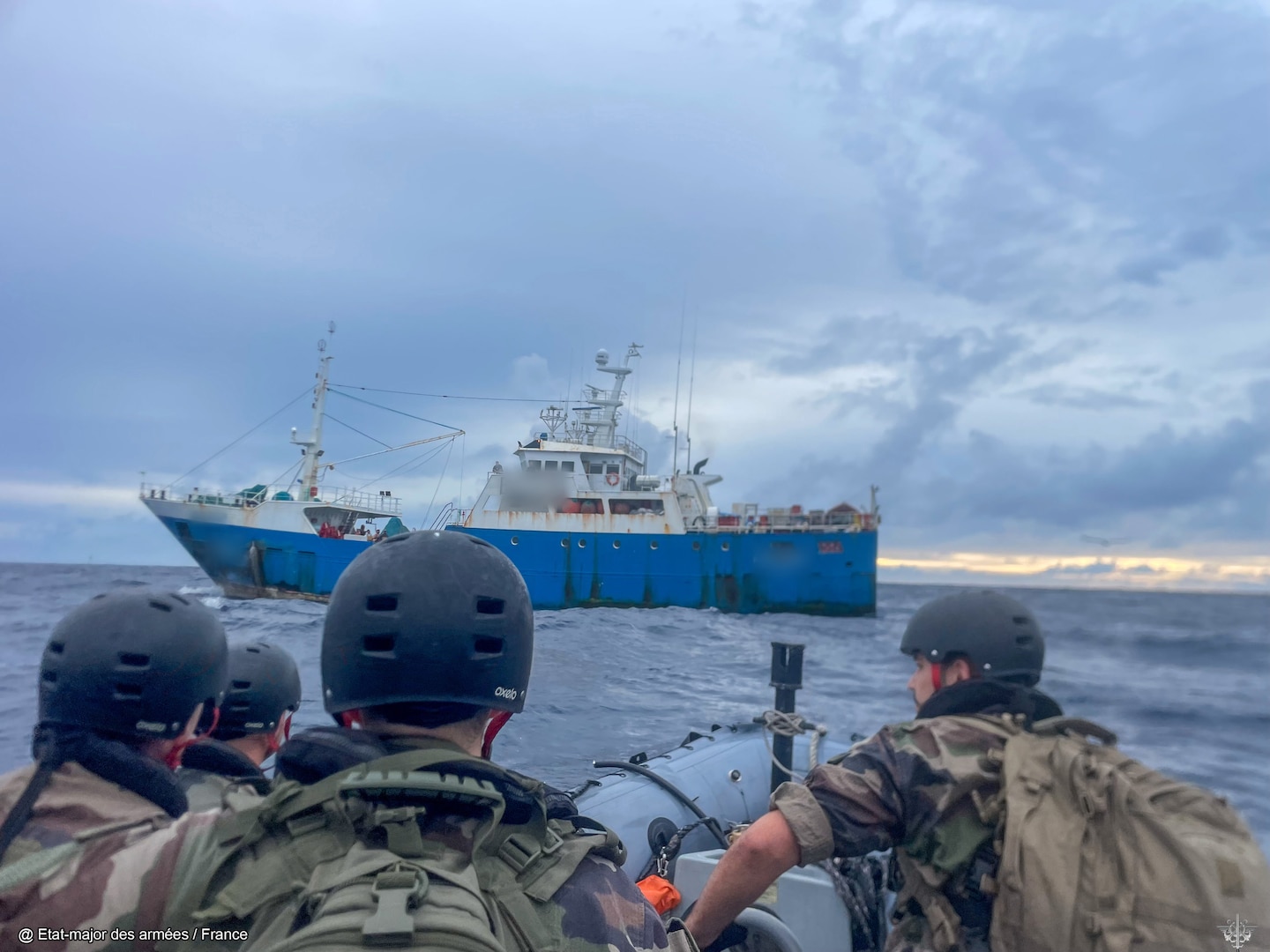 Officers with the French Armed Forces in New Caledonia prepare to board a commercial fishing vessel on the high seas in the Pacific Ocean June 20, 2025. FANC officers conducted fisheries inspections as part of Operation Nasse, a three-month operation conducted by Australia, France, New Zealand, and the U.S. to safeguard the marine resources of Pacific Island nations. (U.S. Coast Guard photo, courtesy French Armed Forces in New Caledonia)