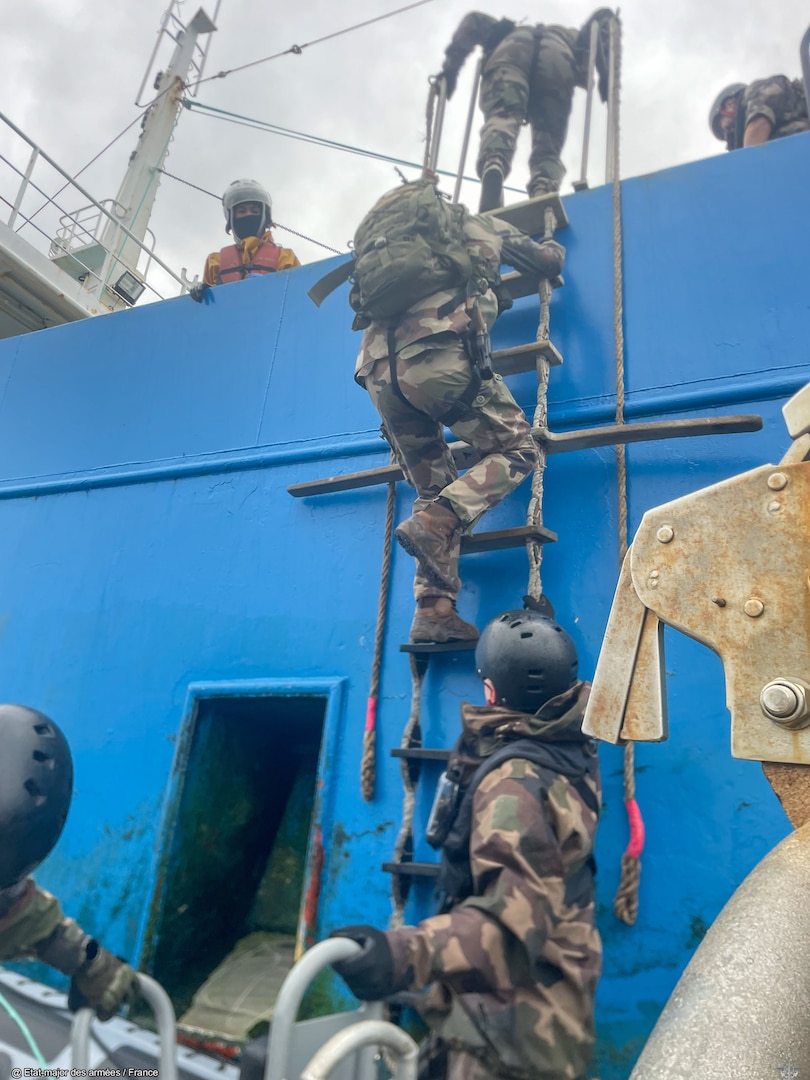 Officers with the French Armed Forces in New Caledonia board a commercial fishing vessel on the high seas in the Pacific Ocean June 20, 2025. During Operation Nasse, a three-month operation conducted by Australia, France, New Zealand, and the U.S., participating officers conducted 31 high seas boardings, resulting in 39 potential violations. (U.S. Coast Guard photo, courtesy French Armed Forces in New Caledonia)