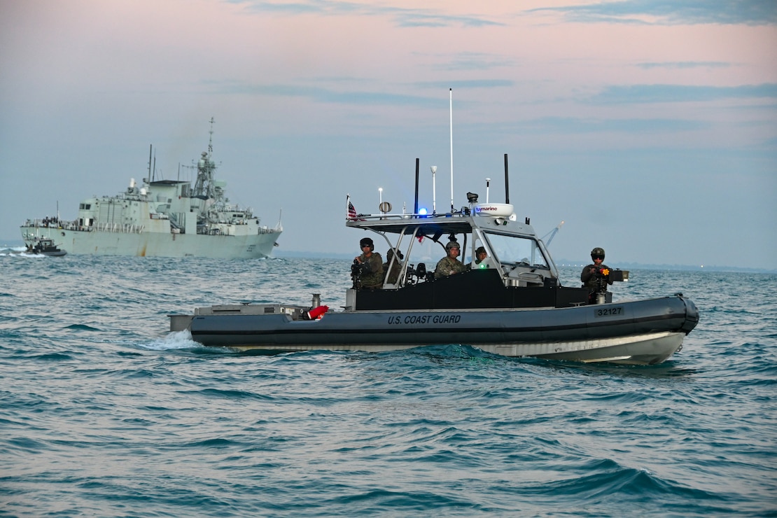 U.S. Coast Guard Port Security Unit 307 boat crew conduct seaward security for the Royal Canadian Navy HMCS Ville de Québec during Exercise Talisman Sabre 25 in Northern Territory, Australia, July 20, 2025.