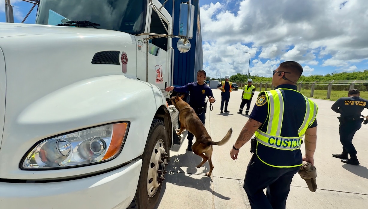 A Guam Customs and Quarantine Agency’s Drug Detector Dog Unit works alongside the U.S. Coast Guard and local and federal partners for a Multi-Agency Strike Force Operation (MASFO) at the Port of Guam, boosting security and compliance through a united front July 15 and 16, 2025.