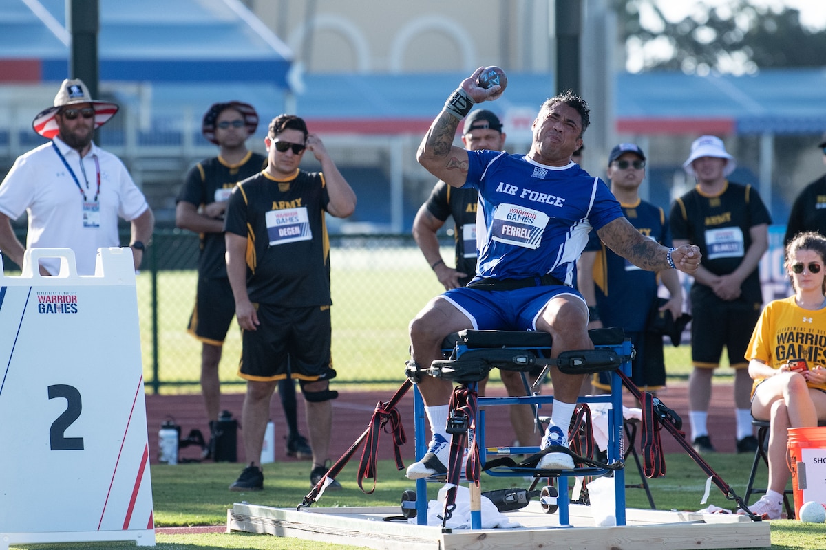 Retired Tech. Sgt. Christopher Ferrell participates in a shot put event during the Department of Defense Warrior Games field competition, July 22, 2025, in Colorado Springs, Colo. The DoD Warrior Games is a Paralympics-style event used to showcase the power of adaptive sports as part of the recovery process for wounded, ill or injured service members. (U.S. Air Force photo by Ahna Waarvik)