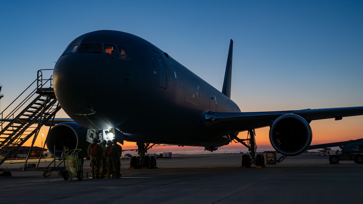 Airmen assigned to the 660th Aircraft Maintenance Squadron inspect a KC-46A Pegasus on the flightline at Travis Air Force Base, Calif., July 15, 2025. With greater refueling, cargo and aeromedical evacuation capabilities compared to the KC-135 Stratotanker, the KC-46 can provide aerial refueling support to most fixed-wing, receiver-capable aircraft. (U.S. Air Force photo by Senior Airman Robert Nichols)