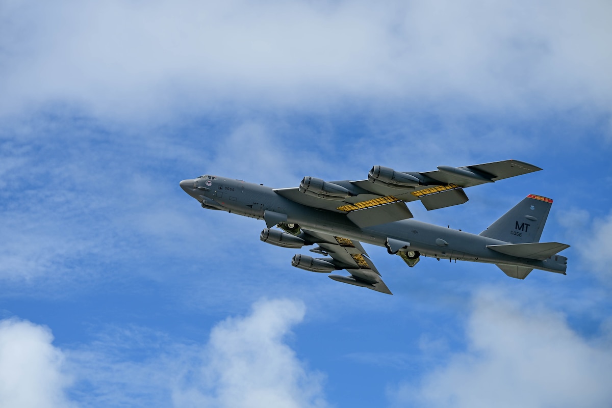 A B-52H Stratofortress assigned to the 23rd Expeditionary Bomb Squadron, Minot Air Force Base, N.D., takes off from Andersen Air Force Base, Guam, July 21, 2025, to participate in a flyover for the 81st Liberation Day Parade. The parade is a celebration of U.S. forces liberating Guam during World War II and culminates in events and ceremonies held across the island. (U.S. Air Force photo by Senior Airman Audree Campbell)