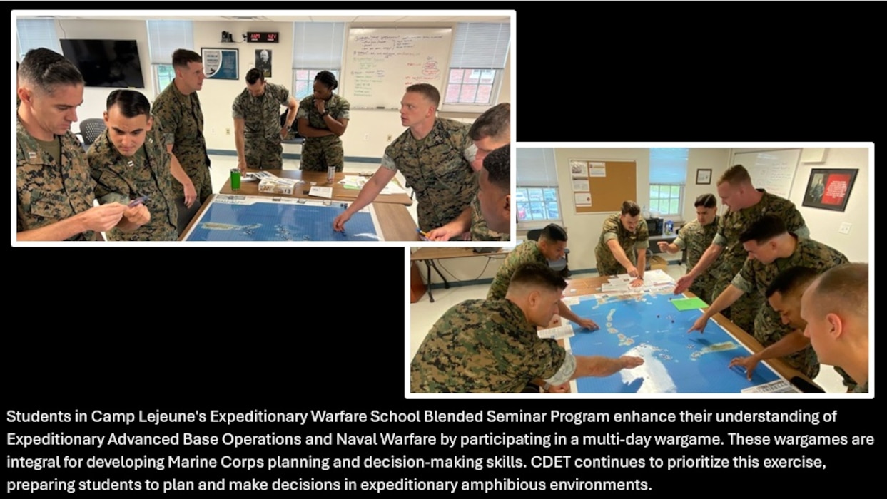 Students in Camp Lejeune's Expeditionary Warfare School Blended Seminar Program enhance their understanding of Expeditionary Advanced Base Operations and Naval Warfare by participating in a multi-day wargame. These wargames are integral for developing Marine Corps planning and decision-making skills. CDET continues to prioritize this exercise, preparing students to plan and make decisions in expeditionary amphibious environments.