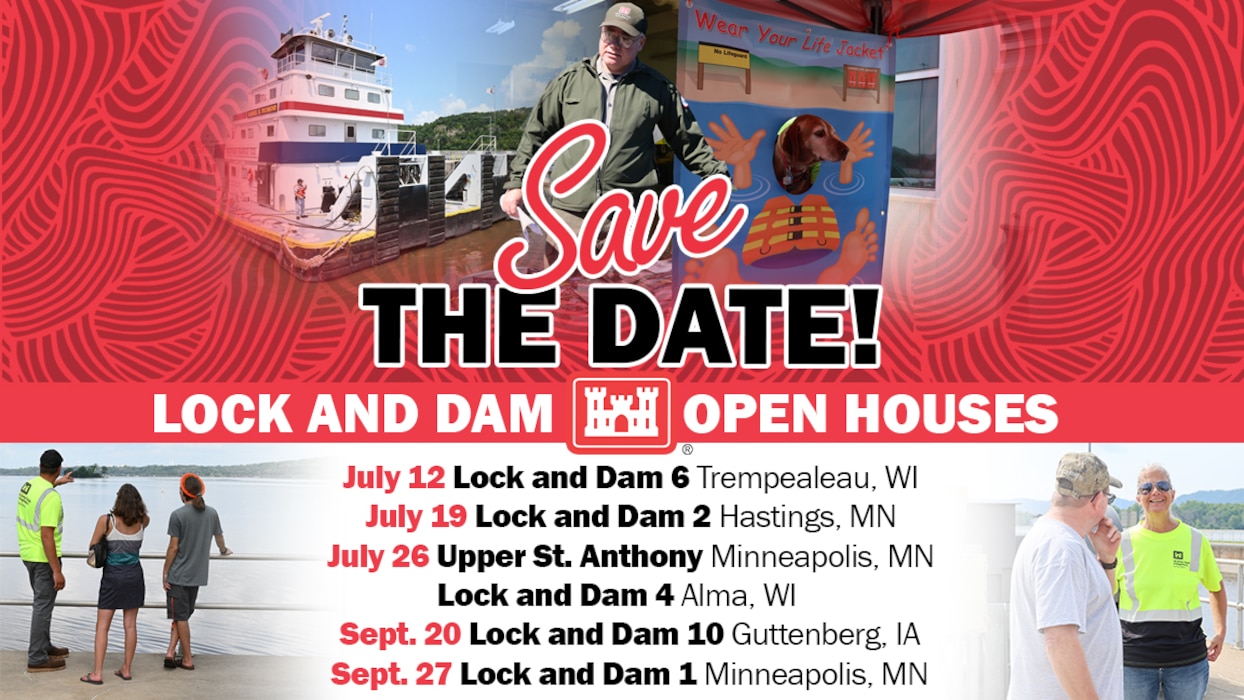 A graphic with the dates of the lock and dam open houses