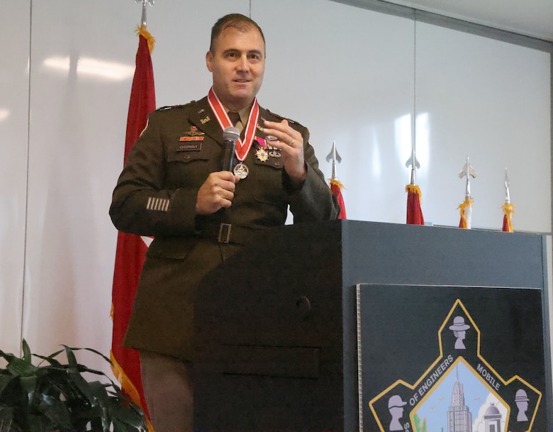 U.S. Army Corps of Engineers, Mobile District commander Col. Jeremy Chapman speaks during his retirement ceremony