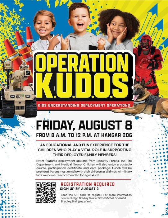 Colorful flyer for “Operation K.U.D.O.S. – Kids Understanding Deployment Operations,” featuring three smiling children, a military working dog, and a firefighter in gear. The event takes place Friday, August 8 from 8 a.m. to 12 p.m. at Hangar 206. It offers a fun, educational experience for military children with deployment stations from Security Forces, the Fire Department, and the Medical Group, plus an obstacle course, care package activity, and lunch. Parents must stay with their children. Open to all military kids, recommended for ages 4–12. Registration is required by August 2. A QR code is provided for sign-up.
