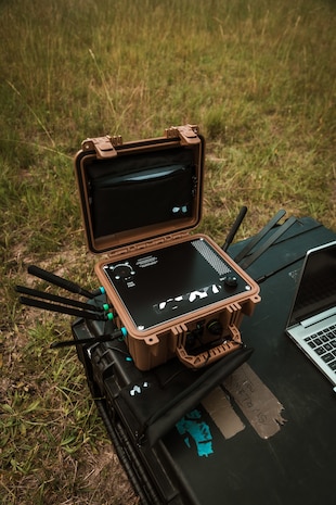 A 5G expeditionary transmission system is staged for use during a field exercise at Camp Lejeune, N.C.