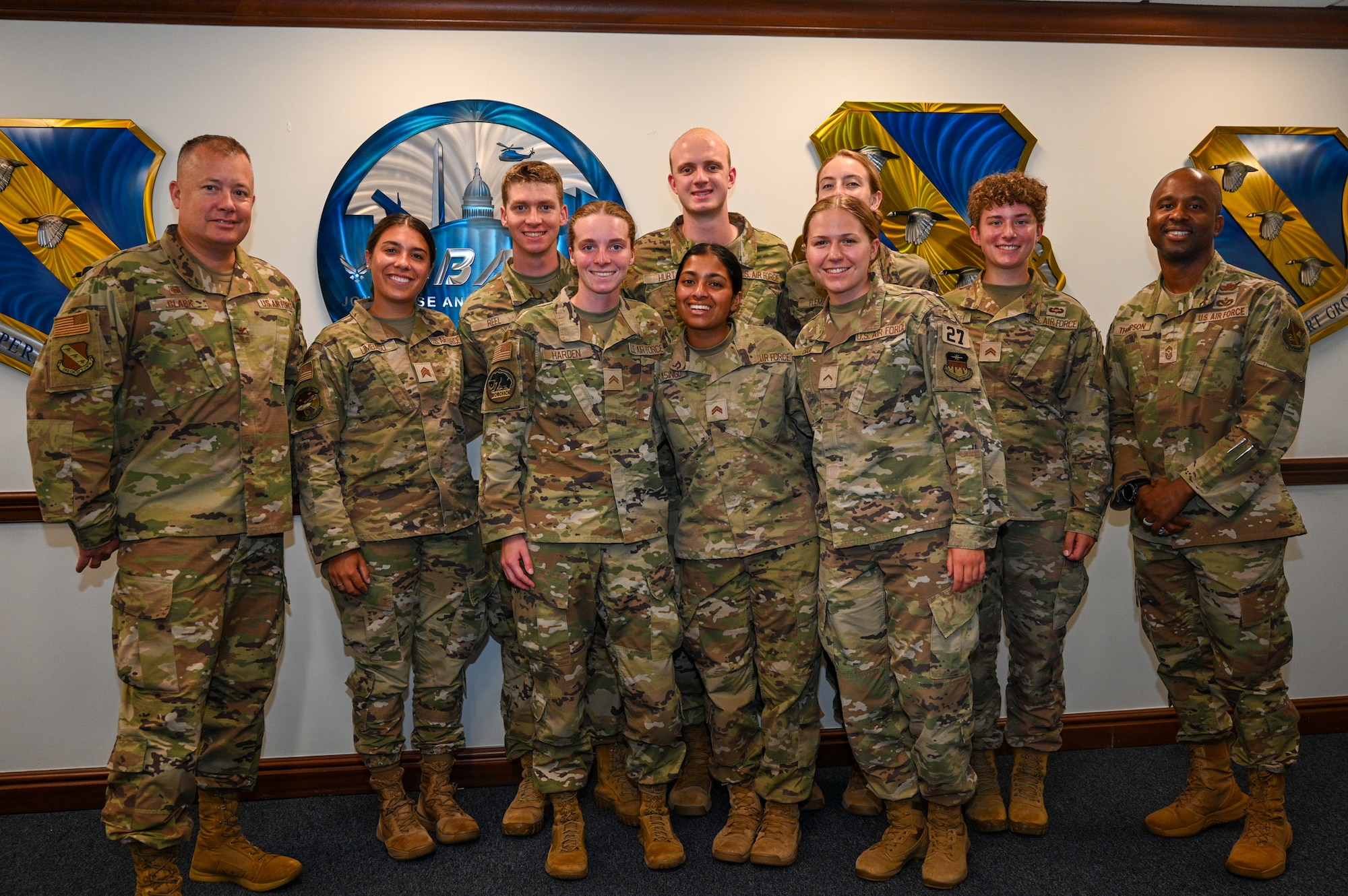 U.S. Air Force Academy cadets gather with Joint Base Anacostia-Bolling senior leadership during a USAFA Summer Operations visit at JBAB in Washington, D.C., July 15, 2025. The summer program allowed cadets to gain first-hand experience with real-world operations and gain a better understanding of the Air Force mission and culture. (U.S. Air Force photo by Airman 1st Class Shanel Toussaint)