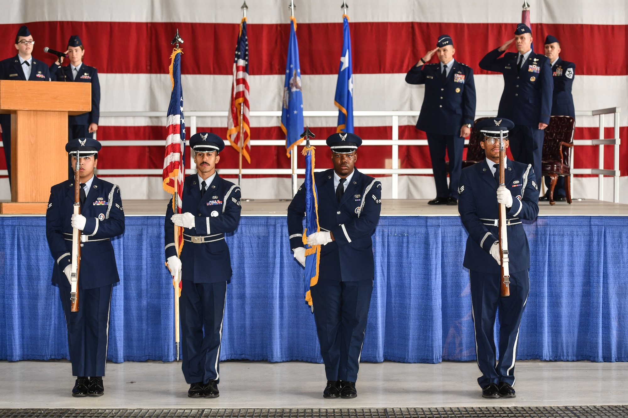Offutt Honor Guard members present the colors during the 557th Weather Wing assumption of command ceremony at Offutt Air Force Base, July 22. Col. Hank Chilcoat assumed command in a ceremony presided over by 16th Air Force Commander Lt. Gen. Thomas Hensley. (U.S. Air Force photo by Chad Watkins)