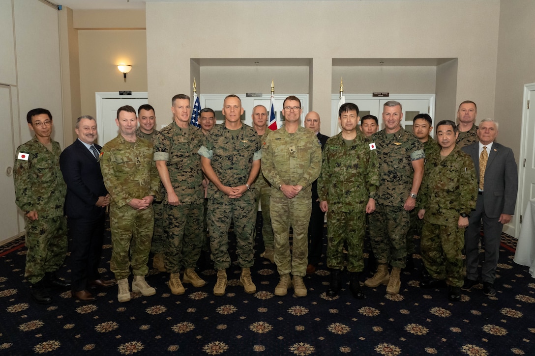 Heads of delegation from the United States, Australia, and Japan convene for a trilateral staff talks joint lunch, June 4, 2025, at The Clubs at Quantico, Marine Corps Base Quantico, Va. The gathering provided an opportunity to strengthen bonds and enhance relationships among the allied nations. (U.S. Marine Corps photo by Connor Taggart)