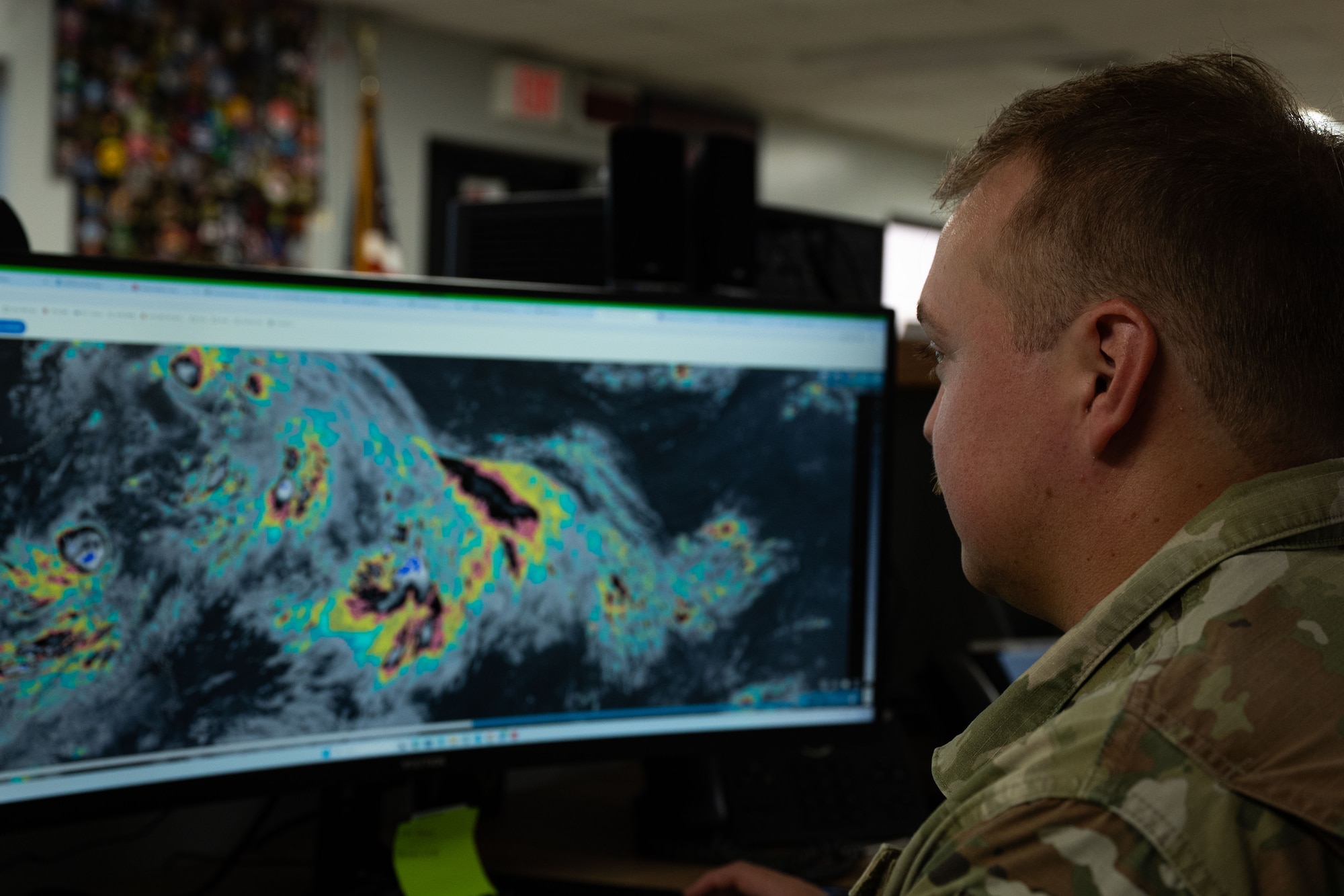 U.S. Air Force Airman 1st Class Nicholas Clark, 36th Operations Support Squadron weather apprentice and forecaster, observes cloud patterns using a Mark IV-B weather system to determine if a storm is forming during exercise Resolute Force Pacific 2025, at Andersen Air Force Base, Guam, July 25, 2025. REFORPAC, part of the first-in-a-generation Department-Level Exercise series, trains Airmen to operate in a contested, dynamic environment while executing real-time force projection and joint interoperability. (U.S. Air Force photo by Staff Sgt. Jasmine M. Barnes)