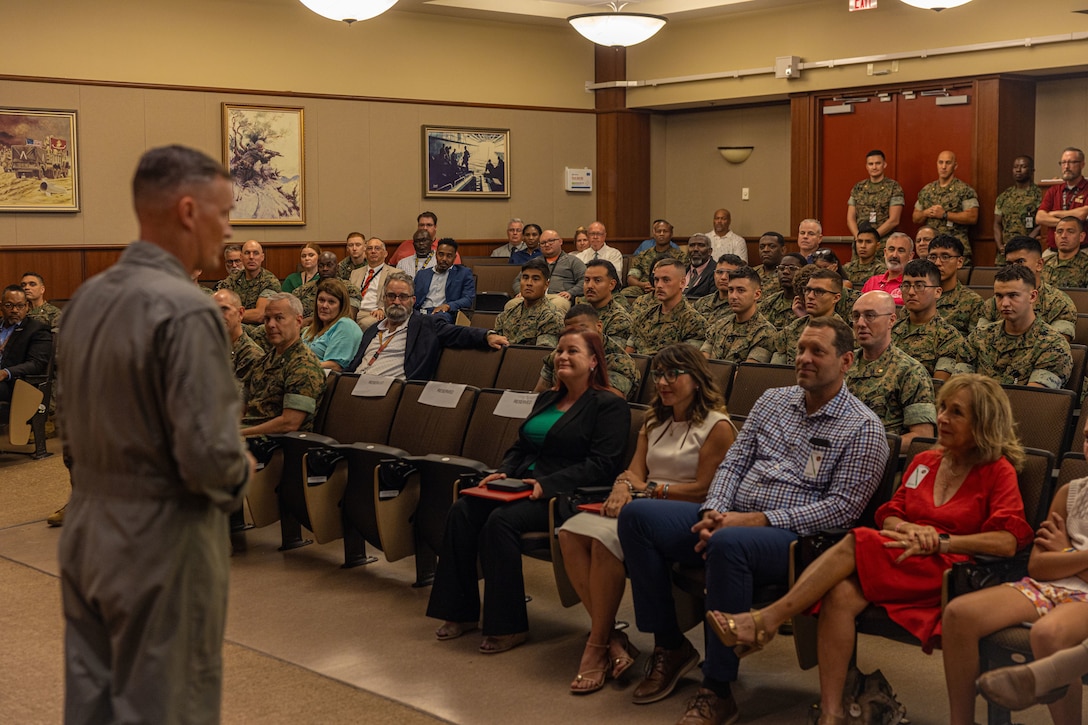 U.S. Marine Corps Lt. Gen. Leonard Anderson IV, commander of Marine Forces Reserve (MARFORRES) and Marine Forces South, speaks to the uniformed and civilian Marines assigned to Marine Forces Reserve during the Marine Forces Reserve 2024 Civilian of the Year awards at Marine Corps Support Facility New Orleans, July 23, 2025. The Civilian of the Year awards recognizes civilian Marines whose outstanding service and dedication have made a long-lasting impact at MARFORRES. (U.S. Marine Corps Photo by Lance Cpl. Edward Spears)
