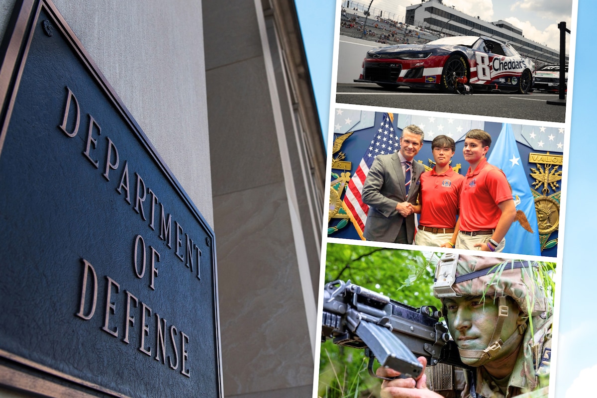 A photo of a racecar, a photo of a person standing with two students in red polos, and a close-up of a service member are shown.