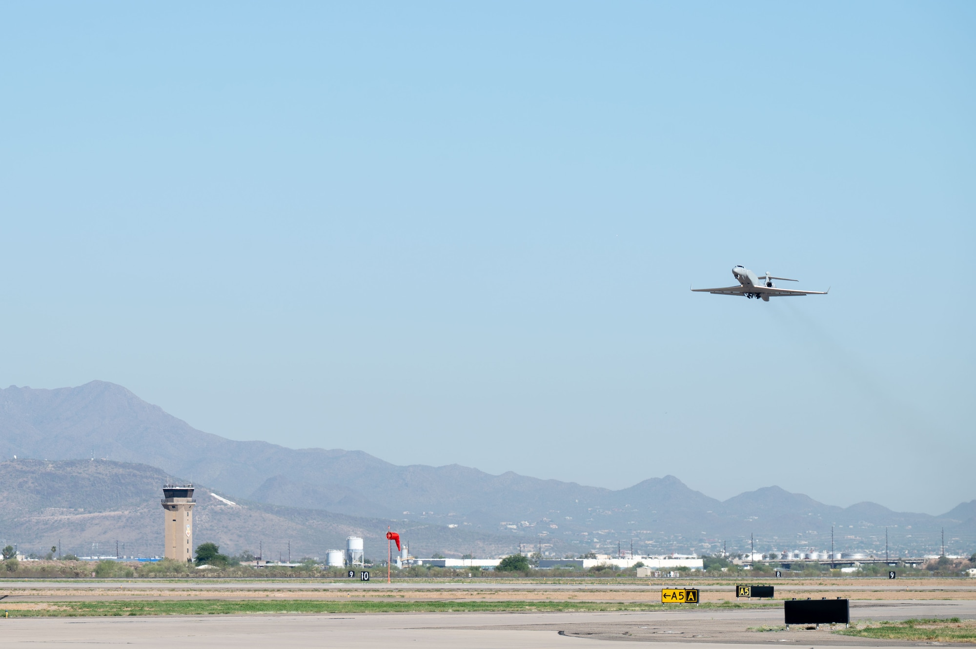 A U.S. Air Force EA-37B Compass Call aircraft assigned to the 43rd Electronic Combat Squadron takes off at Davis-Monthan Air Force Base, Arizona, July 24, 2025. U.S. Air Force pilots have trained with the EA-37B at Davis-Monthan since August 2024. (U.S. Air Force photo by Airman Jaden Kidd)
