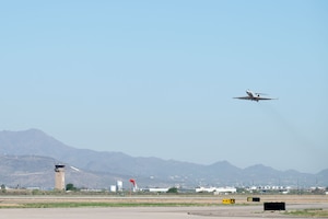 A U.S. Air Force EA-37B Compass Call aircraft assigned to the 43rd Electronic Combat Squadron takes off at Davis-Monthan Air Force Base, Arizona, July 24, 2025. U.S. Air Force pilots have trained with the EA-37B at Davis-Monthan since August 2024. (U.S. Air Force photo by Airman Jaden Kidd)