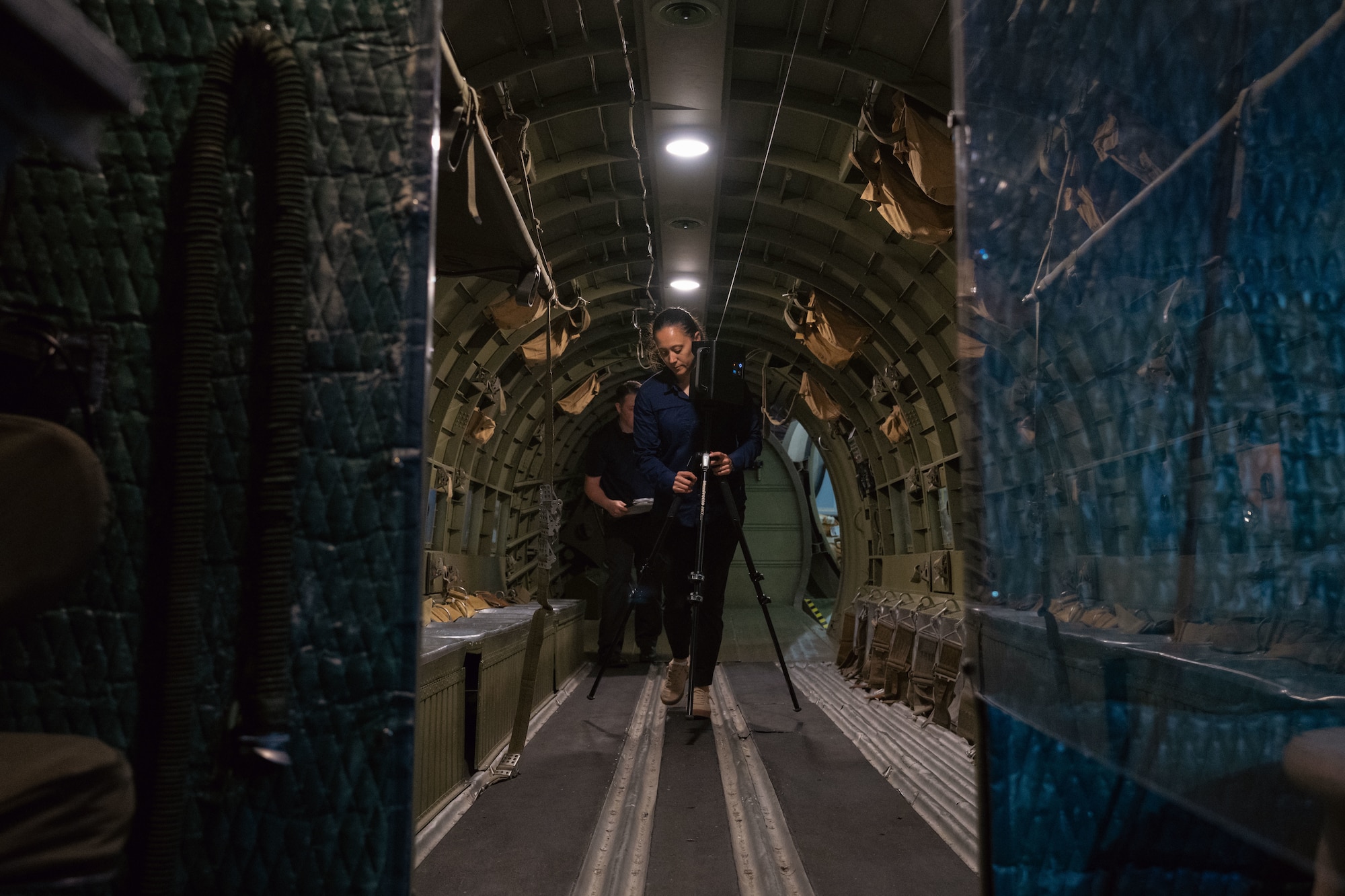 Sarah Barksdale, 316th Wing historian, sets up a Matterport scanner inside a historic C-47A Skytrain in the Air Mobility Command Museum at Dover Air Force Base, Del., June 4, 2025.