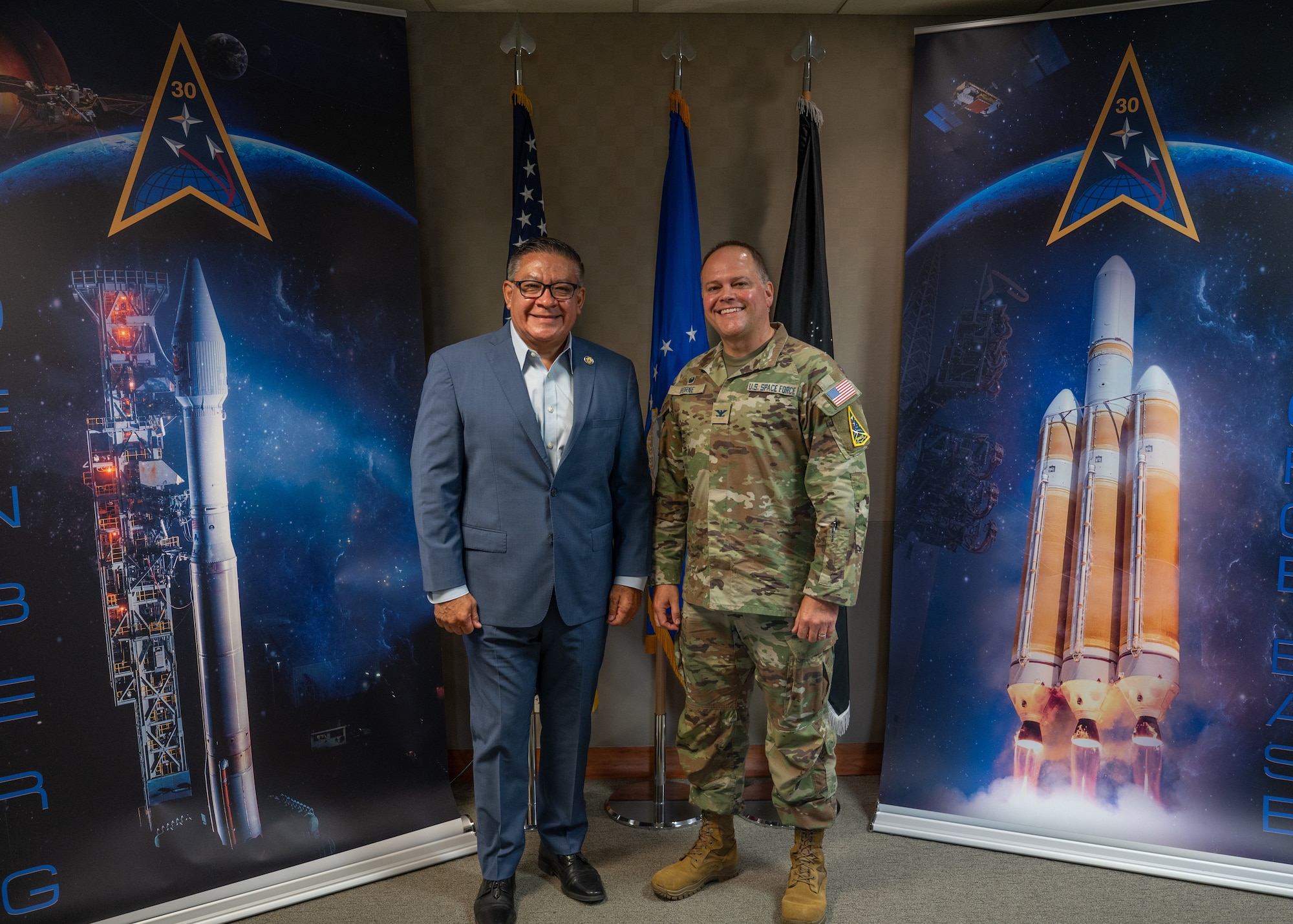Congressman Salud Carbajal, U.S. Representative of the 24th Congressional District of California, left, poses for a photo with U.S. Space Force Col. James T. Horne III, Space Launch Delta 30 commander, during a visit to Vandenberg Space Force Base, Calif., July 25, 2025. Carbajal represents Santa Barbara County, where VSFB resides and parts of San Luis Obispo and Ventura counties.