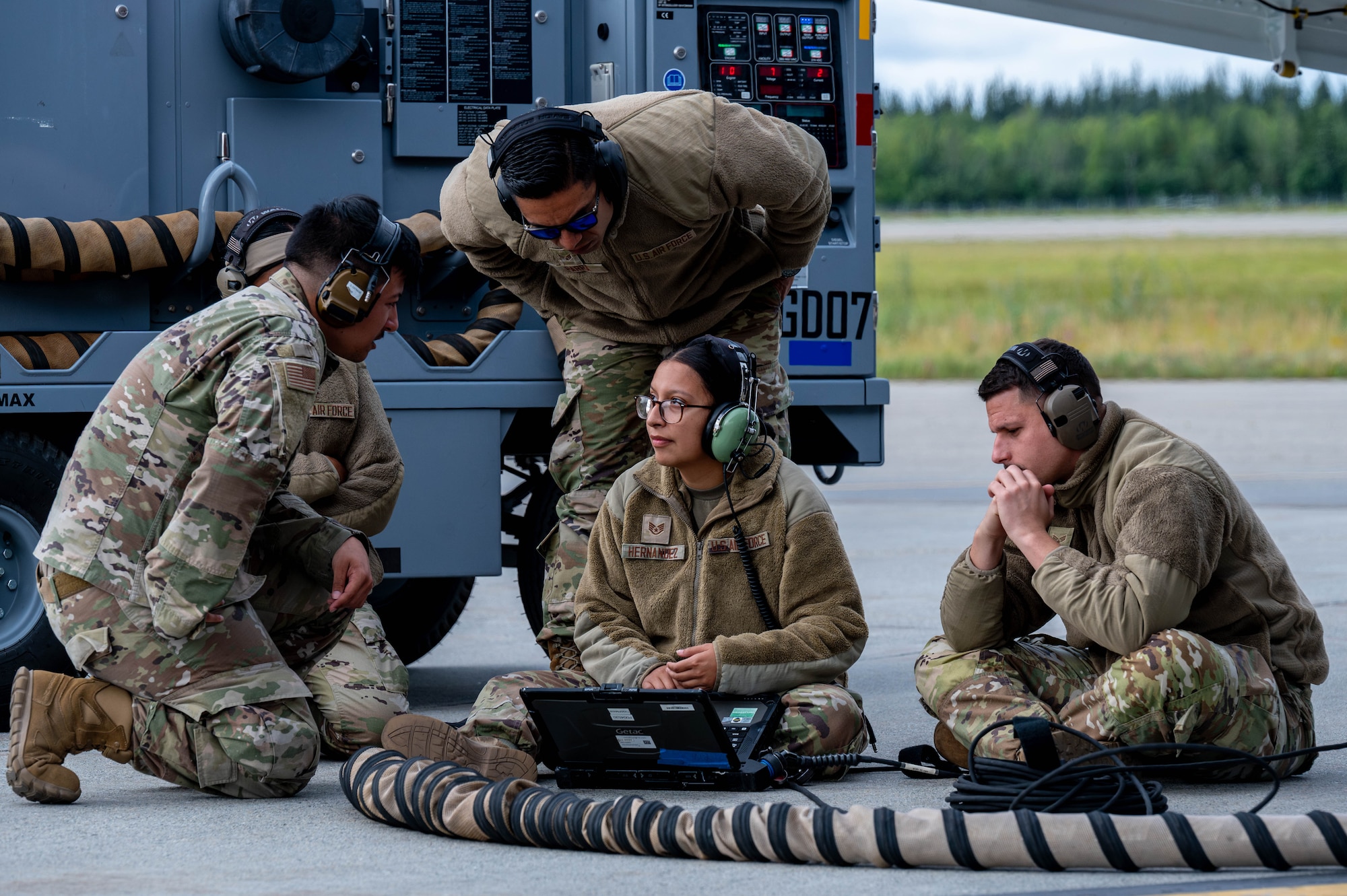 U.S. Air Force Airmen assigned to the 95th Fighter Generation Squadron conduct maintenance on a F-35A Lightning II during Red Flag-Alaska 25-3 at Eielson Air Force Base, Alaska, July 24, 2025.