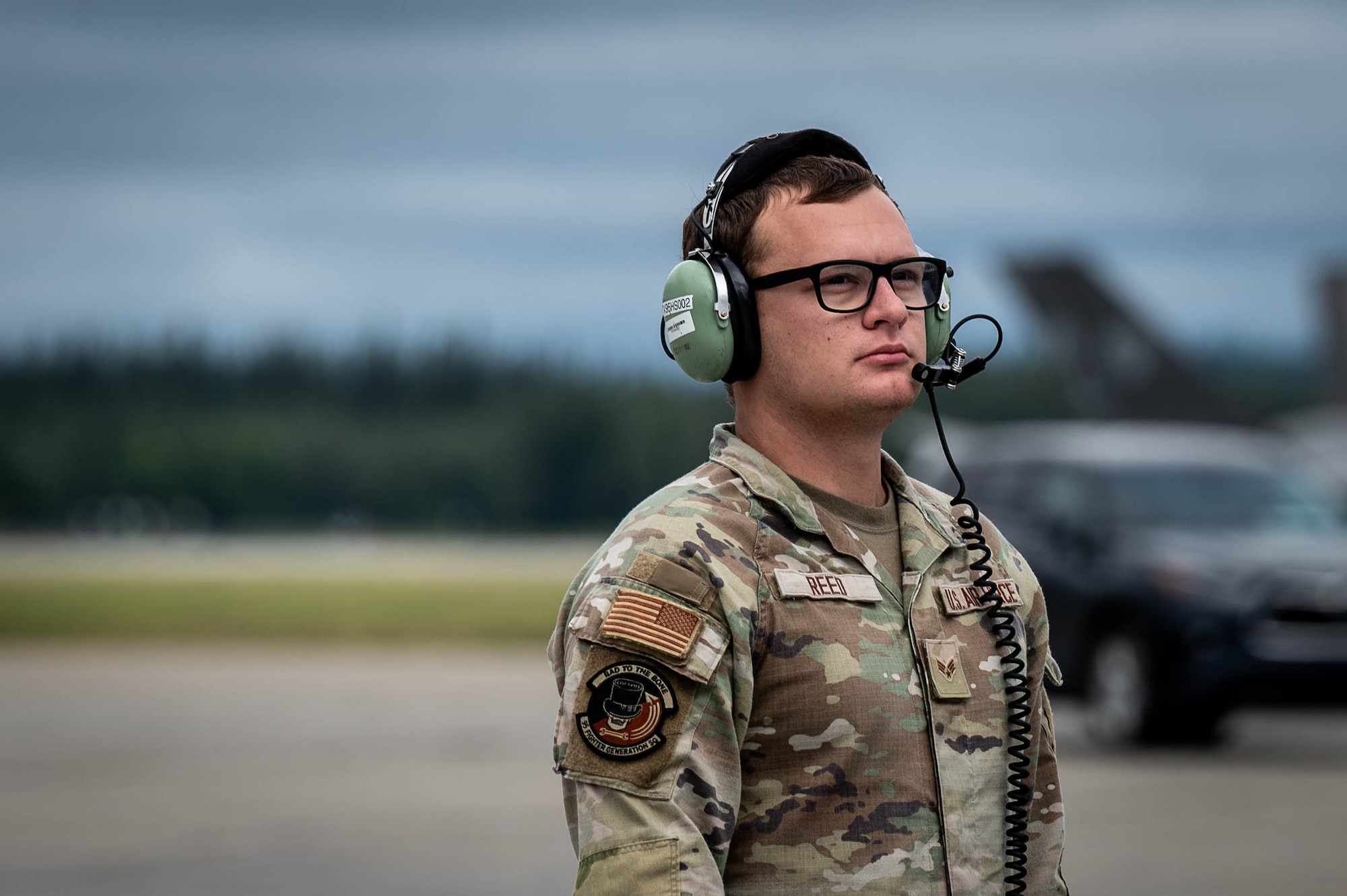 U.S. Air Force Senior Airman Nathan Reed, 95th Fighter Generation Squadron avionics technician, performs pre-flight checks on a F-35A Lightning II during Red Flag-Alaska 25-3 at Eielson Air Force Base, Alaska, July 25, 2025.