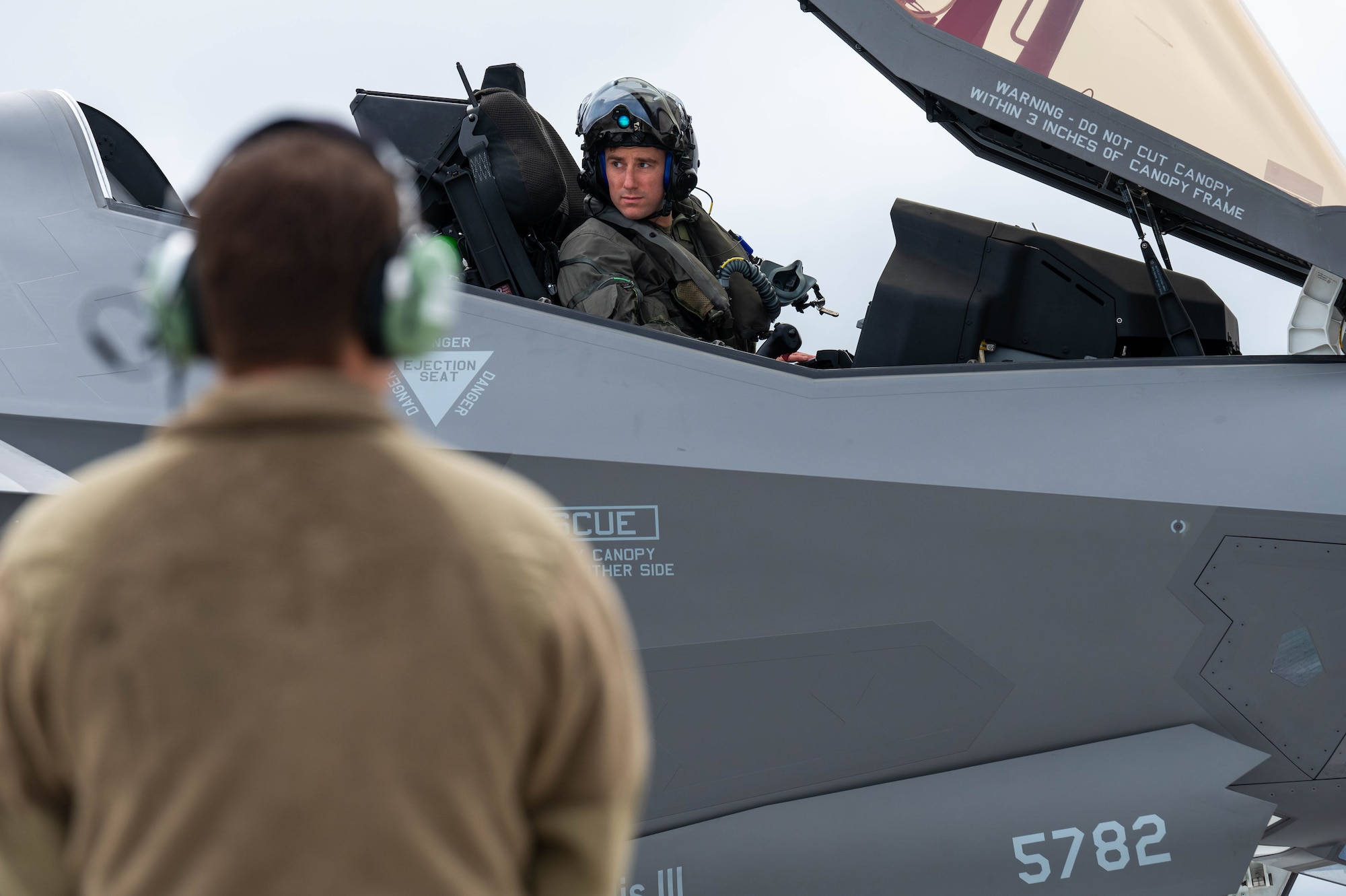 U.S. Air Force Maj. Joshua Christen, 95th Fighter Squadron pilot, begins pre-flight checks for a F-35A Lightning II during Red Flag-Alaska 25-3 at Eielson Air Force Base, Alaska, July 24, 2025.