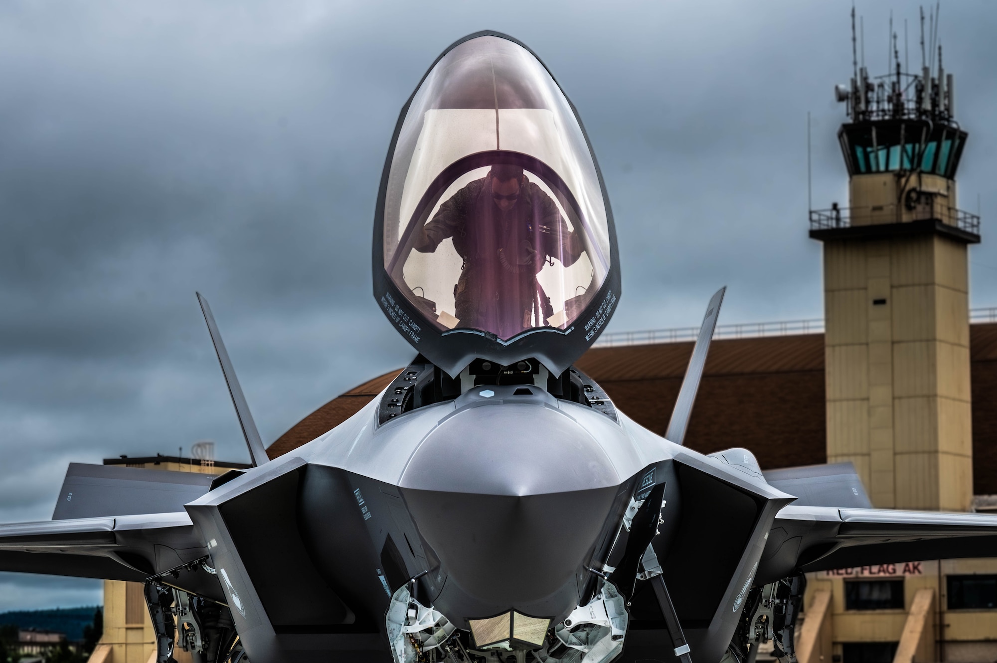 A U.S. Air Force pilot assigned to the 95th Fighter Squadron gets into an F-35A Lightning II during Red Flag-Alaska 25-3 at Eielson Air Force Base, Alaska, July 24, 2025.