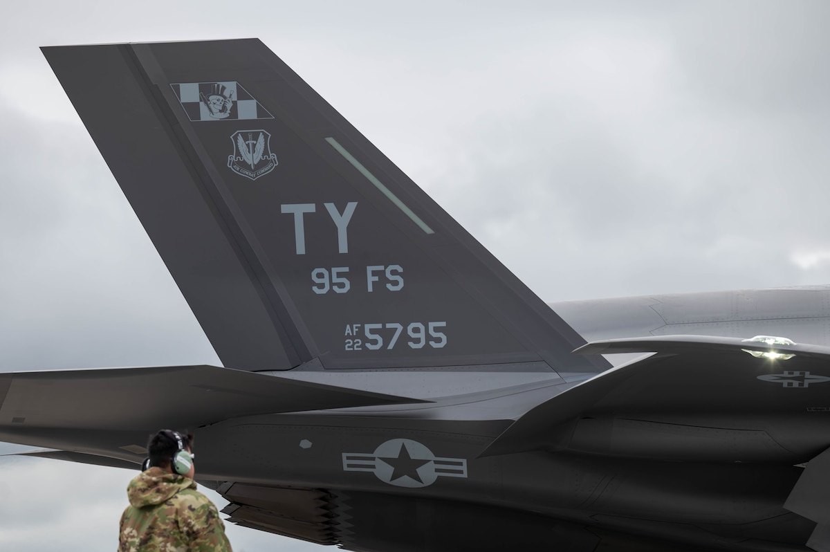 A F-35A Lightning II assigned to the 95th Fighter Squadron prepares to taxi during Red Flag-Alaska 25-3 at Eielson Air Force Base, Alaska, July 24, 2025.