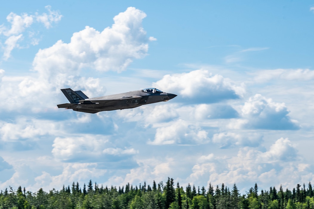 A F-35A Lightning II assigned to the 95th Fighter Squadron takes flight during Red Flag-Alaska 25-3 at Eielson Air Force Base, Alaska, July 24, 2025.