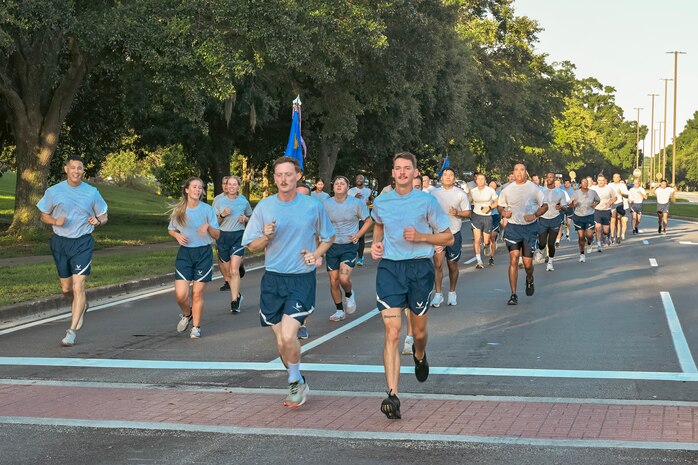 Airmen participating in a wing run at Joint Base Charleston.