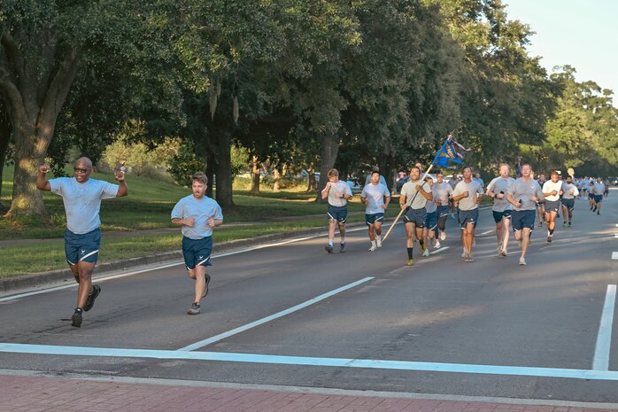 Airmen participating in a wing run.