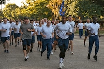 Airmen participate in a wing run at Joint Base Charleston.