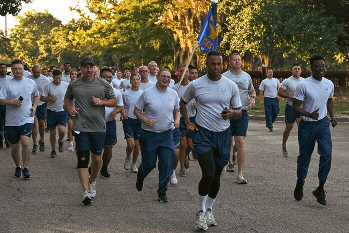 Airmen participate in a wing run at Joint Base Charleston.