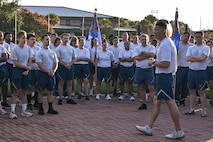 Leadership address Airmen before the wing run.