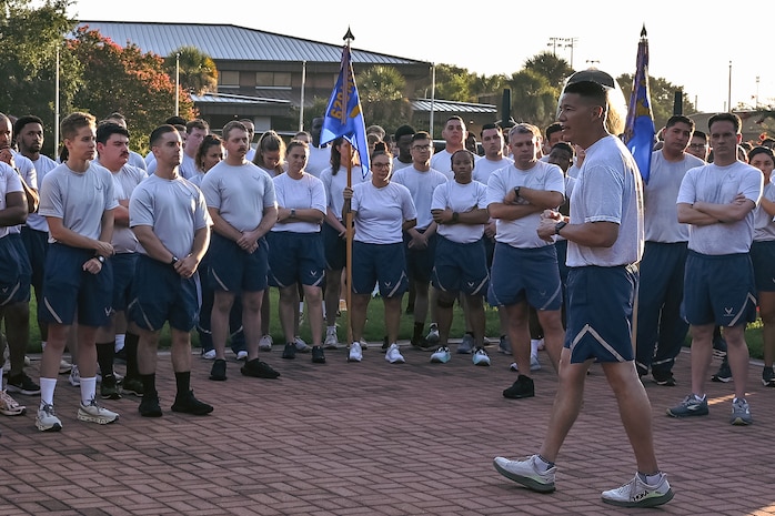 Leadership address Airmen before the wing run.
