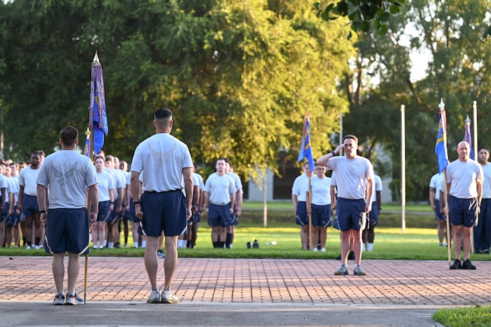 Joint Base Charleston leadership addresses Airmen before the wing run.