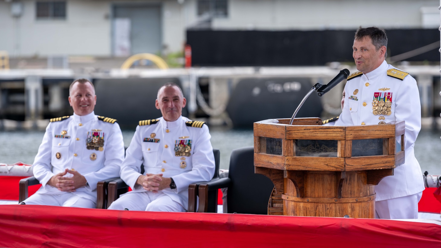 JOINT BASE PEARL HARBOR-HICKAM, Hawaii (July 25, 2025) - Rear Adm. Chris Cavanaugh, commander, Submarine Force, U.S. Pacific Fleet, delivers remarks during the Commander, Submarine Squadron (CSS) 7 change of command ceremony held aboard the Los Angeles-class fast-attack submarine USS Columbia (SSN 771), July 25, 2025. During the ceremony, Capt. Jeff Fassbender, from St. Marys, Kansas, relieved Capt. Corey Poorman, from Severna Park, Maryland, as CSS 7 commodore. (U.S. Navy photo by Mass Communication Specialist 1st Class Scott Barnes)