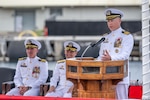 JOINT BASE PEARL HARBOR-HICKAM, Hawaii (July 25, 2025) - Capt. Jeff Fassbender, incoming commander, Submarine Squadron (CSS) 7, delivers remarks during the CSS 7 change of command ceremony aboard the Los Angeles-class fast-attack submarine USS Columbia (SSN 771), July 25, 2025. During the ceremony, Fassbender, from St. Marys, Kansas, relieved Capt. Corey Poorman, from Severna Park, Maryland, as CSS 7 commodore.  (U.S. Navy photo by Mass Communication Specialist 1st Class Scott Barnes)