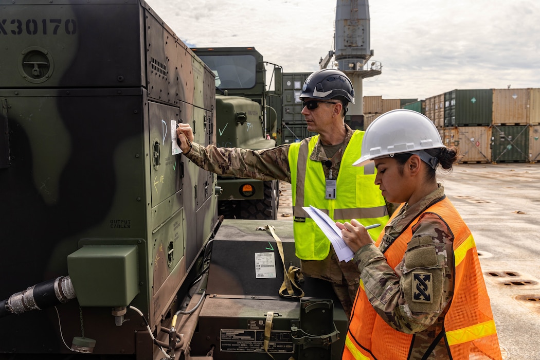 U.S. Soldiers from the 8th Theater Sustainment Command and 332nd Transportation Battalion work alongside Port Darwin personnel to inspect and offload military vehicles and equipment from the Military Sealift Command-chartered Motor Vessel Cape Henry in preparation for exercise Talisman Sabre 25 at Port Darwin, Australia, June 9, 2025.