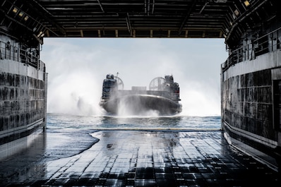 PACIFIC OCEAN (July 17, 2025) — A landing craft, air cushion, assigned to Assault Craft Unit (ACU) 5 approaches the well deck of amphibious transport dock ship USS Somerset (LPD 25) while underway in the Pacific Ocean, July 24, 2025. Somerset is...