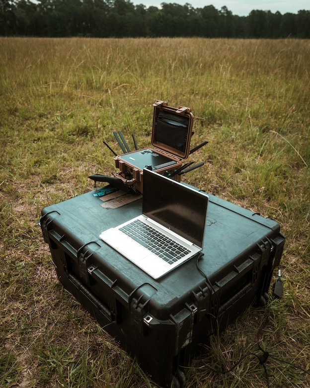 A 5G expeditionary transmission system is staged for use during a field exercise at Camp Lejeune, N.C.