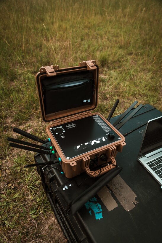 A 5G expeditionary transmission system is staged for use during a field exercise at Camp Lejeune, N.C.