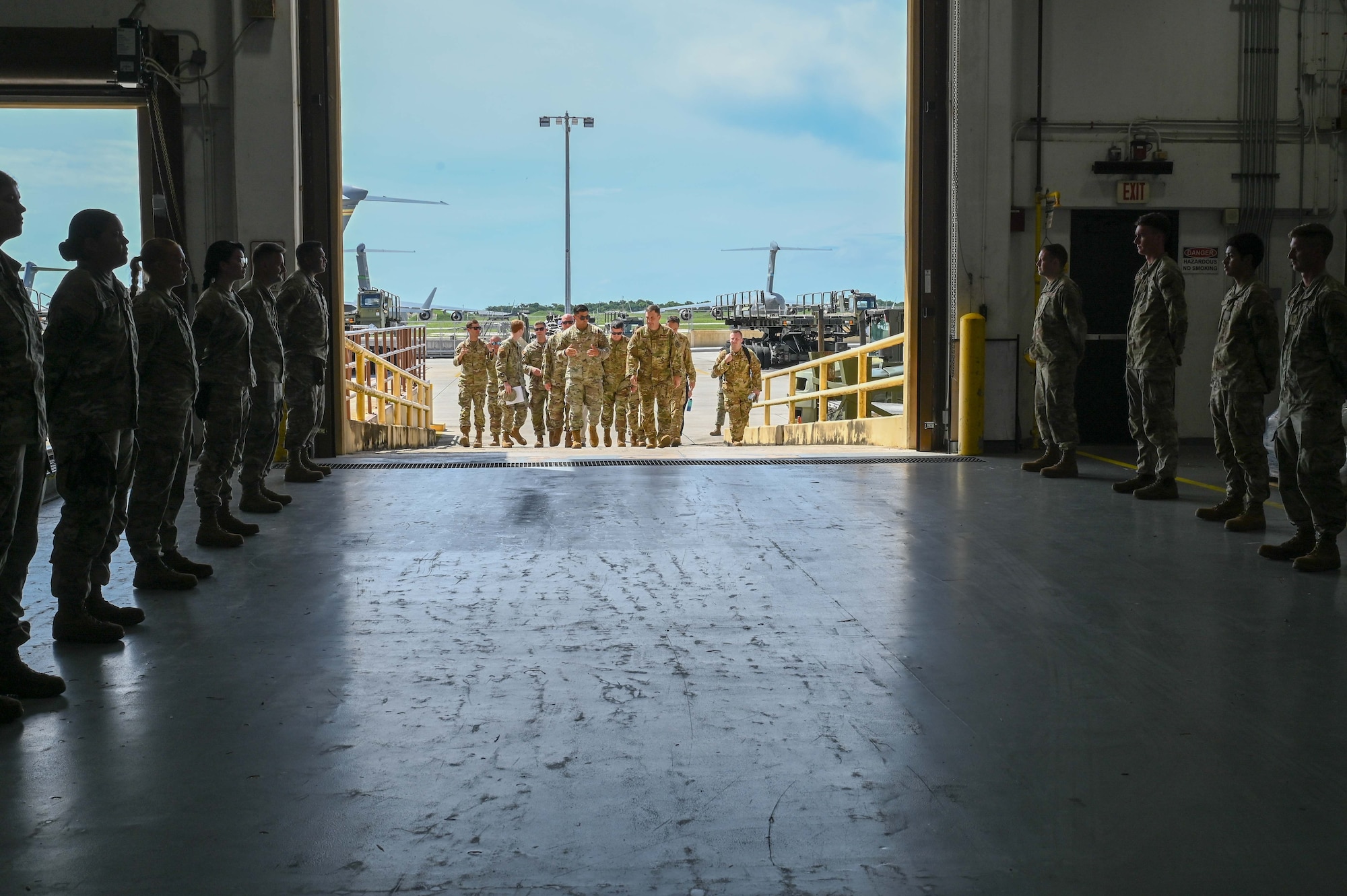 Photo of Airmen awaiting the arrival of the Air Mobility Command commander