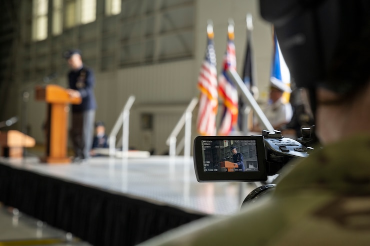 The screen of a video camera recording a military ceremony