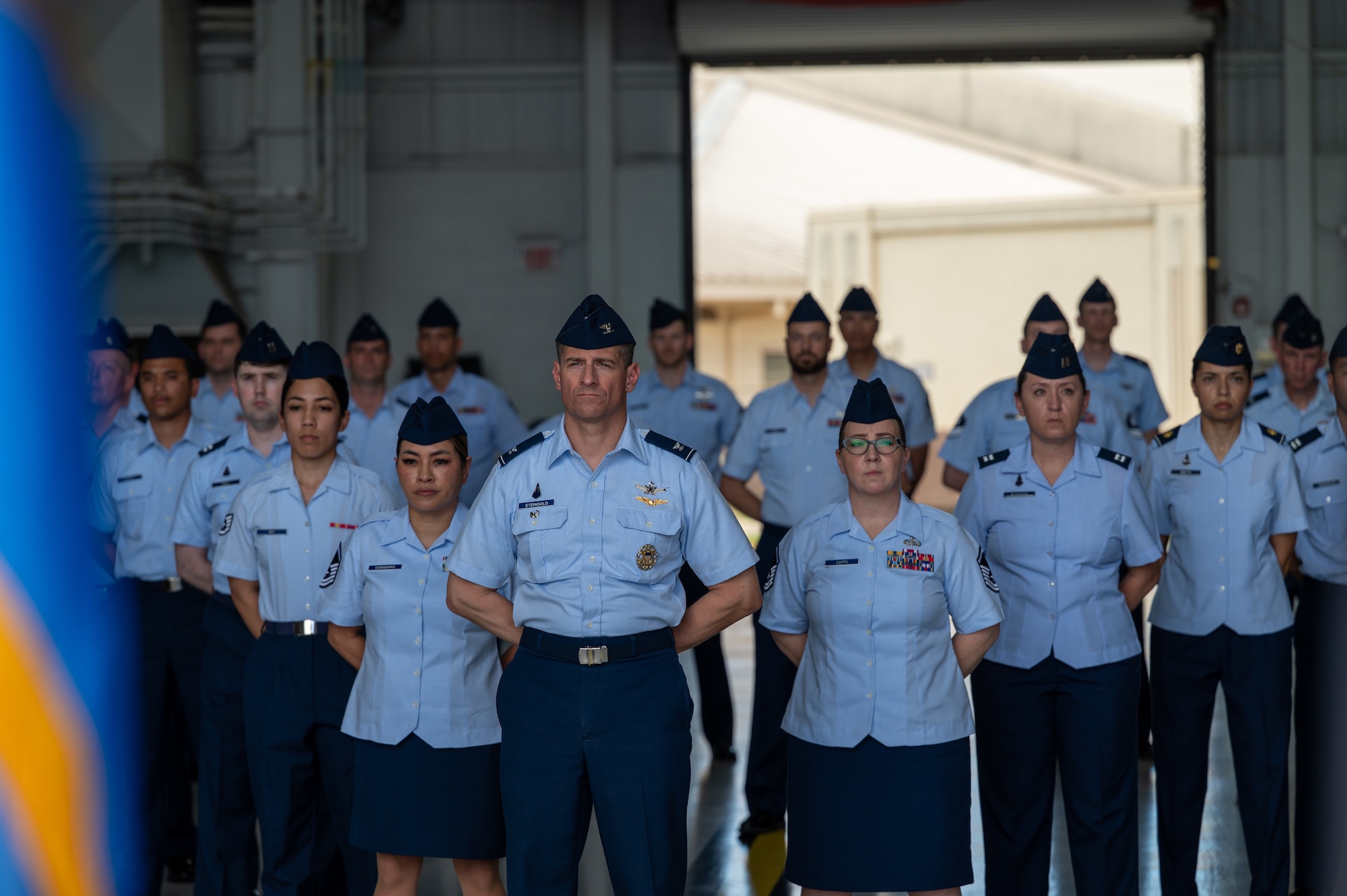 A group of men and women in uniform stand in a formation