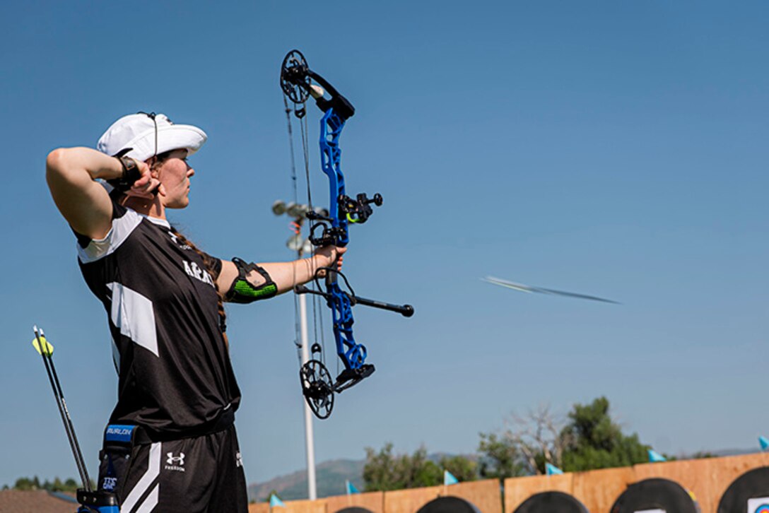 U.S. Army Sgt. Bianca Hayden releases an arrow from her compound bow while competing in the archery event at the 2025 Department of Defense Warrior Games at Washburn Field in Colorado Springs, Colorado, July 25, 2025.