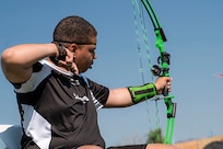 U.S. Army Retired Spc. Colby Maury-Rice releases an arrow from his compound bow while competing in the archery event at the 2025 Department of Defense Warrior Games at Washburn Field in Colorado Springs, Colorado, July 25, 2025